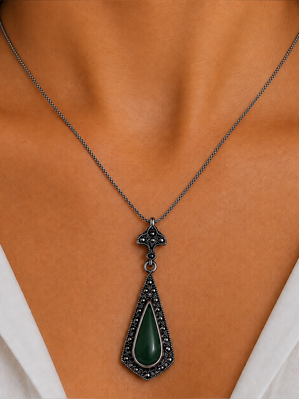 Vintage Art Deco Style Pendant Necklace Sterling Silver 18 Inch - Picture 2 of 4